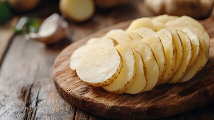 Close up sliced Chinese potato on wooden board
