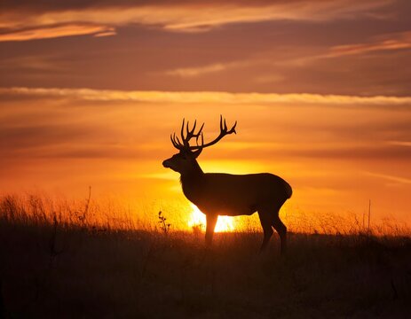 Silueta de un ciervo al atardecer en un campo abierto