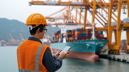 Warehouse Worker Using Mobile Device for Communication at Port with Cargo Ship and Cranes in Background for Logistics and Transportation Industry