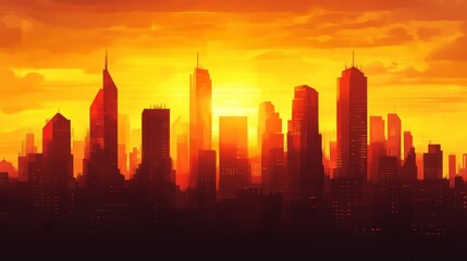 Fototapeta premium Urban Skyline at Golden Hour with Atmospheric Mood