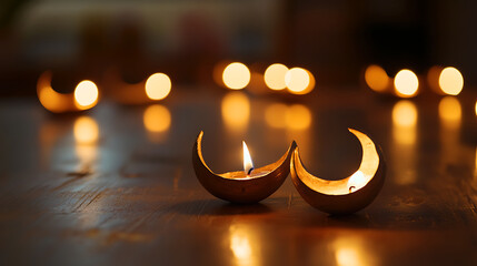 Crescent-shaped candles illuminate a tranquil scene. A close-up of two crescent-shaped candle holders, each with a flickering candle flame.