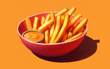 A vibrant bowl of sweet potato fries with spicy dipping sauce, on a warm orange background