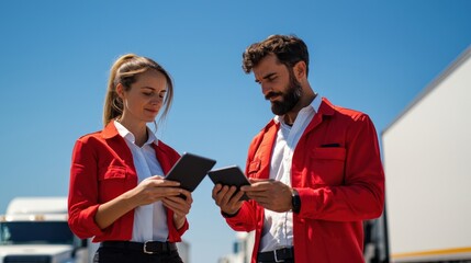 Professional warehouse team members in bright red jackets collaborating with tablets against a clear blue sky near transport trucks, showcasing teamwork and logistics efficiency