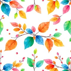 Rainbow Watercolor Leaves Seamless Pattern: A vibrant and cheerful seamless pattern featuring colorful watercolor leaves in a delightful rainbow palette.