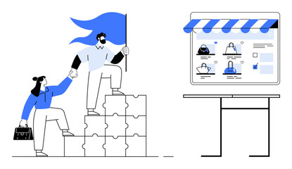 Business partners climbing puzzle block steps, one holding a flag, another carrying a briefcase. Nearby, a computer screen shows an e-commerce website. Ideal for teamwork, collaboration, leadership