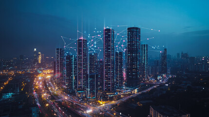 Obraz premium Smart digital city with connection cyber security network reciprocity over the cityscape . future smart wireless digital city and social media networking systems that connects people within the city