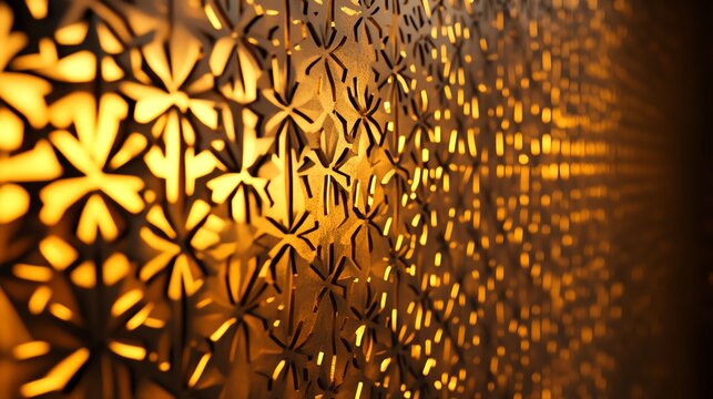 Intricate wooden lattice pattern casting beautiful light, creating a warm and inviting ambiance in architectural design.