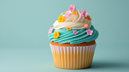 A colorful cupcake topped with swirls of frosting and decorative flowers, set against a soft blue background.