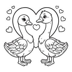 Cute Goose Couple on a Love Shape Vector Line Art Coloring Book Illustration