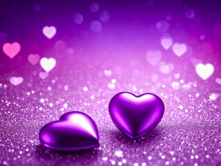 Fototapeta premium Two Purple Hearts on Glittering Background