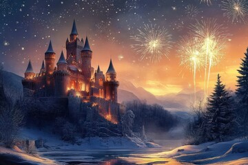 Fototapeta premium A Majestic Winter Castle Celebrates with Fireworks