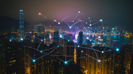 Smart digital city with connection cyber security network reciprocity over the cityscape . future smart wireless digital city and social media networking systems that connects people within the city