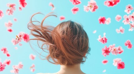Obraz na płótnie Canvas Serene Spring Day Woman with Flowing Hair Among Cherry Blossoms