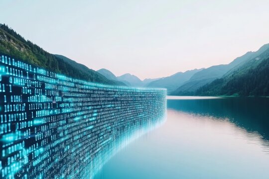 Futuristic Digital Data Wall by a Serene Lake at Sunset