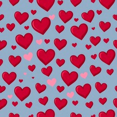 Seamless Heart Pattern: A joyful and vibrant pattern featuring red and pink hearts scattered on a light blue background. Ideal for adding a touch of love and romance to any design project.