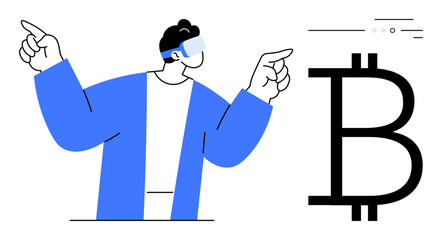 Person wearing virtual reality headset gestures toward large Bitcoin symbol, indicating engagement and interest. Ideal for blockchain, cryptocurrency, fintech, innovation, education, marketing