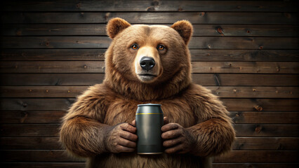 A realistic brown bear holds a beer can against a rustic wooden background. This humorous and surreal illustration combines wildlife with anthropomorphic charm, creating a cozy, inviting scene