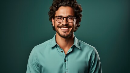 Fototapeta premium Portrait of a smiling young man in eyeglasses looking at camera while standing against green background