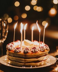 Delicious Pancakes with Candle Lights on Rustic Table