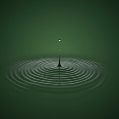 A single drop of liquid falls into still water, creating concentric ripples on a dark green surface.