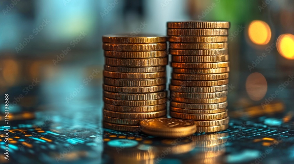 Poster close-up view of organized stacks of golden coins resting on a vibrant surface adorned with glowing 