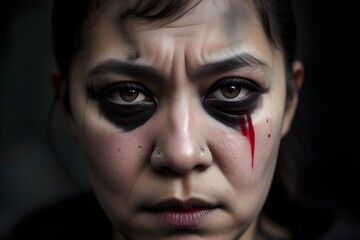 close up photo of an abused woman suffering from domestic violence. She is sad, hurt, injured, bruised beaten, bloody, depressed, broken. pain, trauma, victim, emotional, physical, distress, tears