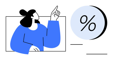 Businesswoman pointing upwards towards a percentage symbol. Ideal for business analytics, financial reports, marketing, sales strategies, economics education, data visualization, investment planning
