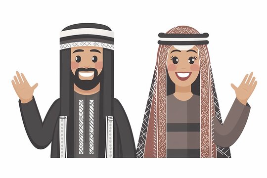 Arab Couple Waving Hello in Traditional Attire with Happy Expressions