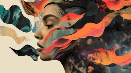 Fashionable Generative AI Illustration of Female Facial Collage with Vibrant Colors, Trendy Puzzle Elements, and Contemporary Aesthetics