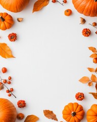 Obraz premium Autumn Flat Lay Frame with Pumpkins, Leaves, and Berries on White Background