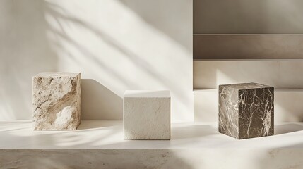 Elegant display of marble blocks accentuating modern minimalism with soft shadows in a contemporary interior space.