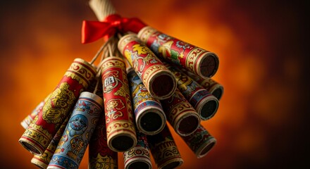 Traditional Red Firecrackers Hanging Against a Festive Backdrop