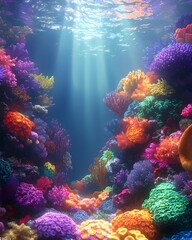 Naklejka premium A vibrant underwater scene showcasing a diverse array of colorful coral formations in various shapes, illuminated by sunlight filtering through the ocean's surface.