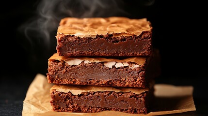 Stack of three warm, fudgy chocolate brownies on parchment paper, steaming.