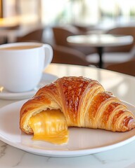 Golden Croissant with Oozing Cheese in Trendy Cafe Setting