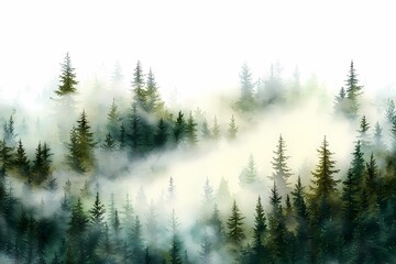Fototapeta premium Misty Forest Landscape with Evergreen Trees and Soft Light Effects