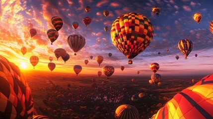 Obraz premium A breathtaking view of colorful hot air balloons soaring over a vibrant sunset landscape.