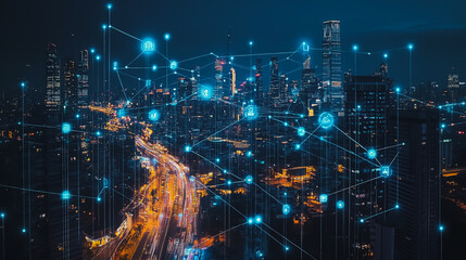 Smart digital city with connection cyber security network reciprocity over the cityscape . future smart wireless digital city and social media networking systems that connects people within the city