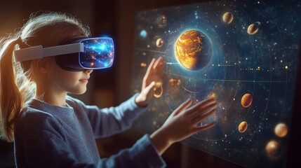 Young caucasian girl exploring solar system with virtual reality headset
