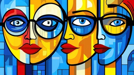 Obraz premium Colorful Abstract Faces: Vibrant Geometric Pop Art Portraits with Glasses