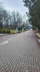 Autumn city park. Alley with metal roofs. Cold weather.