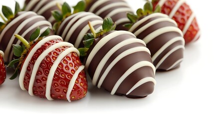 Close-up of chocolate-covered strawberries with white stripes.