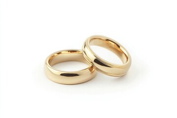 Two golden wedding rings isolated on a white background, with no shadow