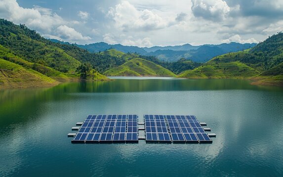 Floating solar panels on a calm lake surrounded by green hills - Powered by Adobe
