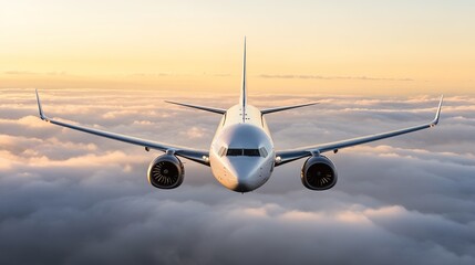 Naklejka premium stock image of commercial airplane soaring high above clouds during daytime