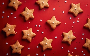 Gingerbread cookies shaped like stars flying on a festive red background