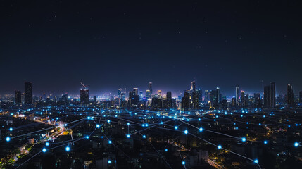 Obraz premium Smart digital city with connection cyber security network reciprocity over the cityscape . future smart wireless digital city and social media networking systems that connects people within the city