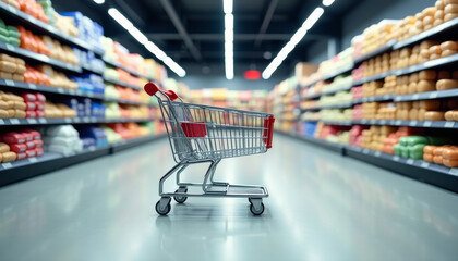Empty Shopping Cart in a Busy Supermarket