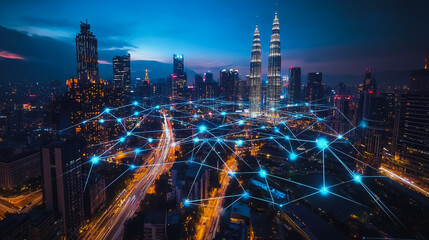 Fototapeta premium Smart digital city with connection cyber security network reciprocity over the cityscape . future smart wireless digital city and social media networking systems that connects people within the city