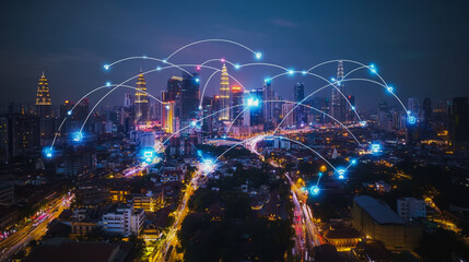 Smart digital city with connection cyber security network reciprocity over the cityscape . future smart wireless digital city and social media networking systems that connects people within the city